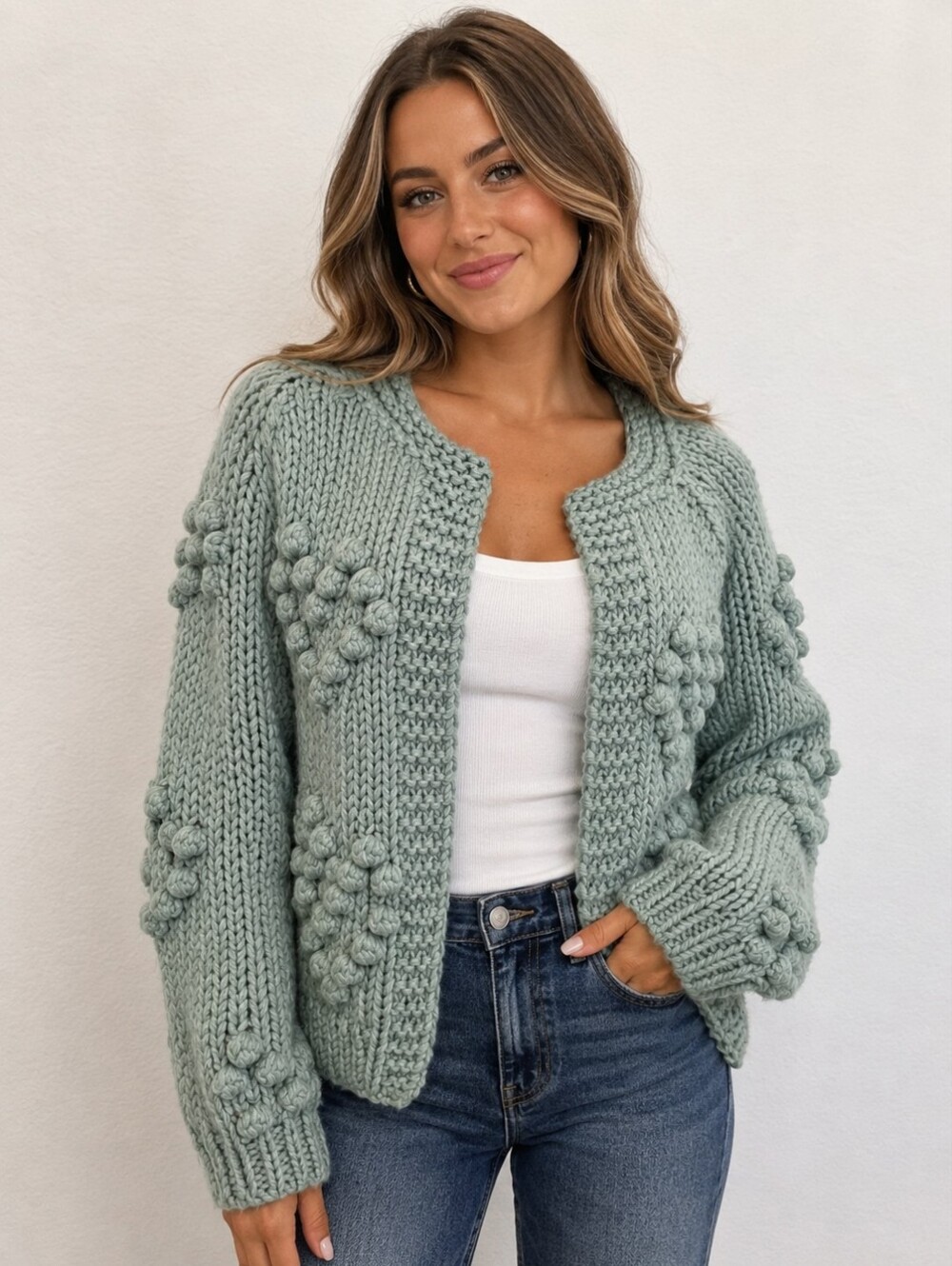Heart Bubble Stitch Cardigan Sweater - Sage Green